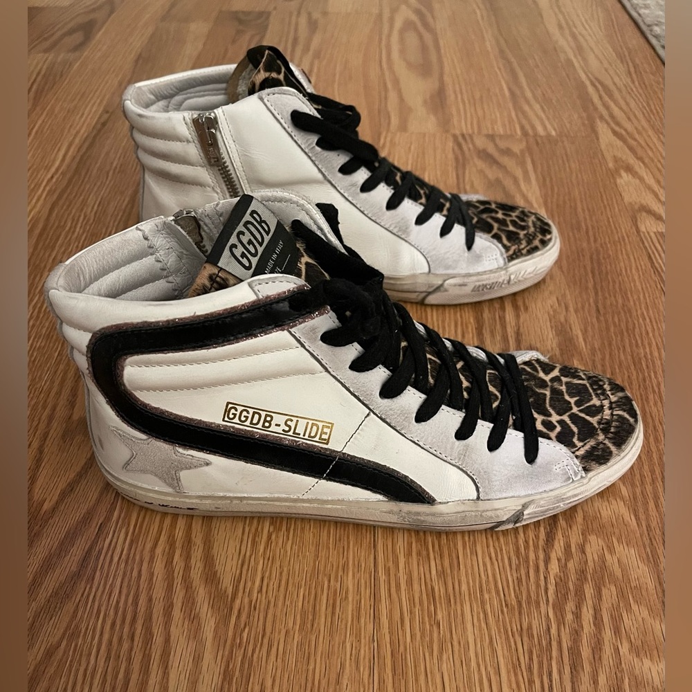 Golden Goose Slide Sneaker.  White with leopard. Size 39.  Pristine condition.